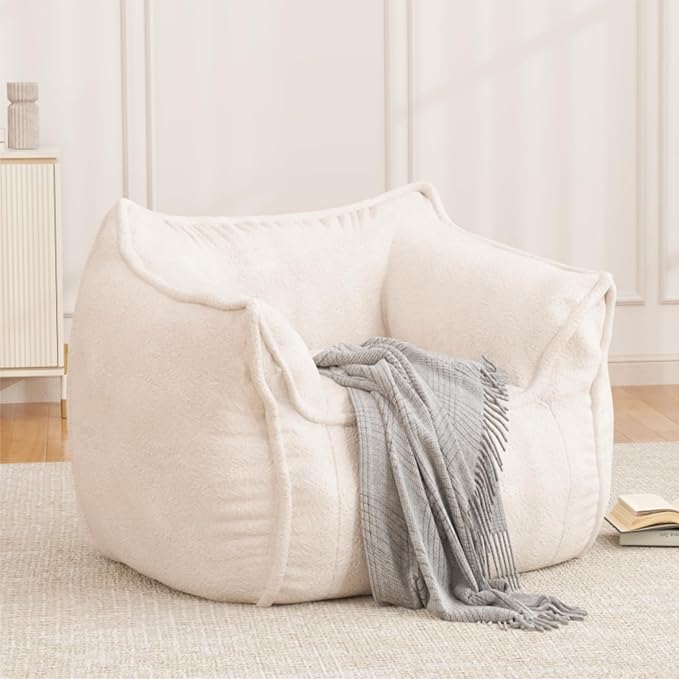 Giant Bean Bag Chair, Bean Bag Chair with Armrest for Adults, 45“W x 43.5" D Large Bean Bag Chair with Filler, Big Comfy Washable Sofa Chair for Living Room, Bedroom, Cream White