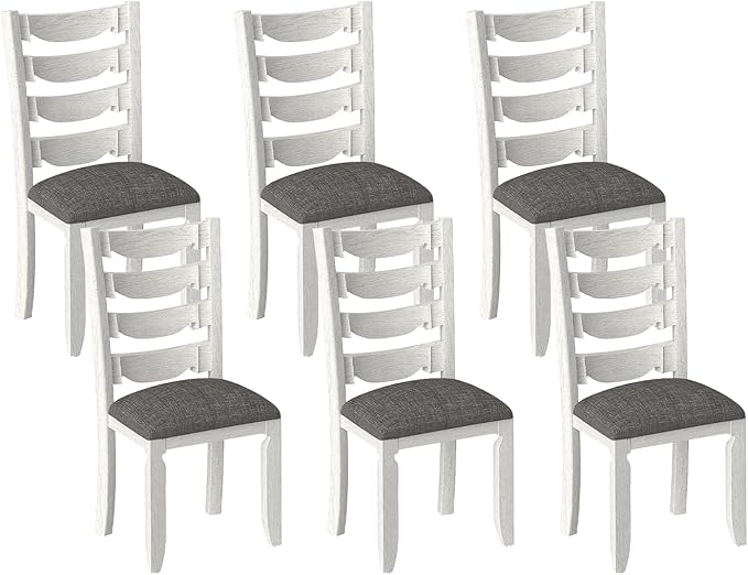 Solid Wood Dining Chair Set of 6, Kitchen Dining Room Chair with Upholstered Cushion & Wooden Legs, Modern Wood Side Chairs for for Kitchen, Washed Gray