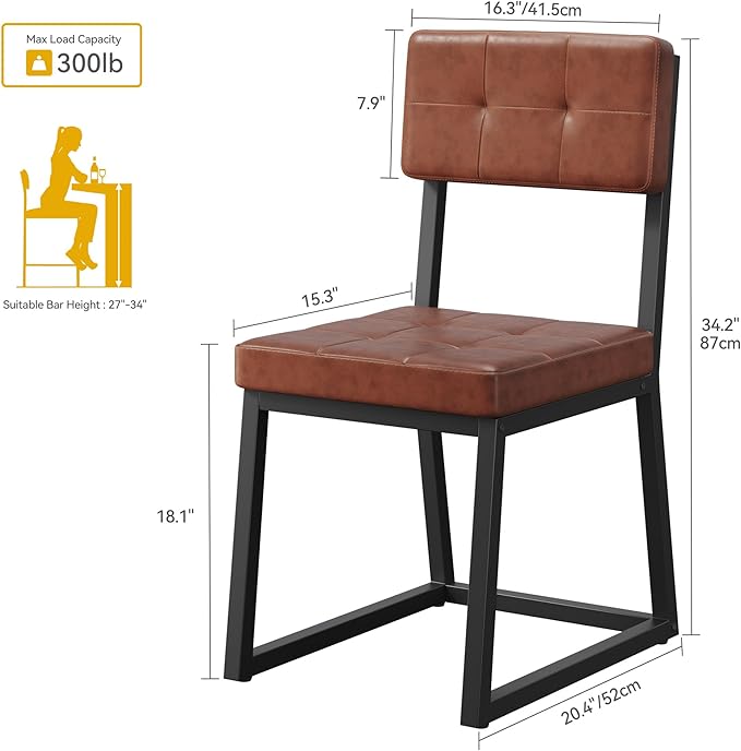 DWVO Modern Dining Chairs Set of 2 Brown Upholstered Kitchen Chairs with Faux Leather Cushion Seat and Heavy Duty Metal Leg for Kitchen Living Room Restaurant, Brown