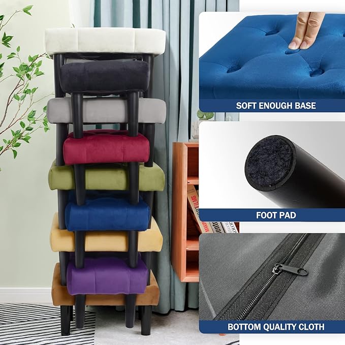 HOUCHICS Small Footstool Ottoman, Velvet Wooden Foot Stool Ottoman with Wood Legs, Sofa Footrest Extra Seating for Living Room Entryway Office(Blue 1PACK)