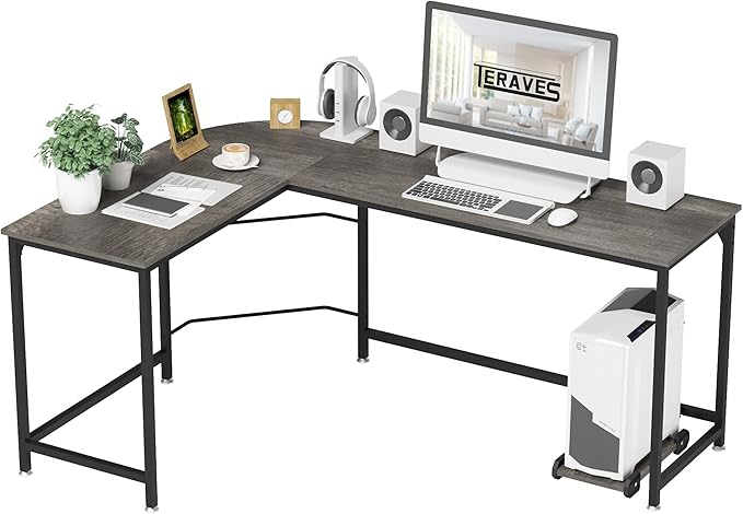 Teraves Reversible L Shaped Desk, 57.9" Gaming Computer Desk, Modern Corner Desks for Home Office Study, Space Saver Workstation Desk, Easy Assembly, Wooden