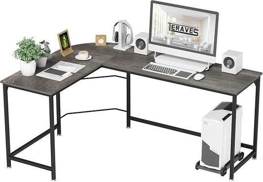 Teraves Reversible L Shaped Desk, 57.9" Gaming Computer Desk, Modern Corner Desks for Home Office Study, Space Saver Workstation Desk, Easy Assembly, Wooden