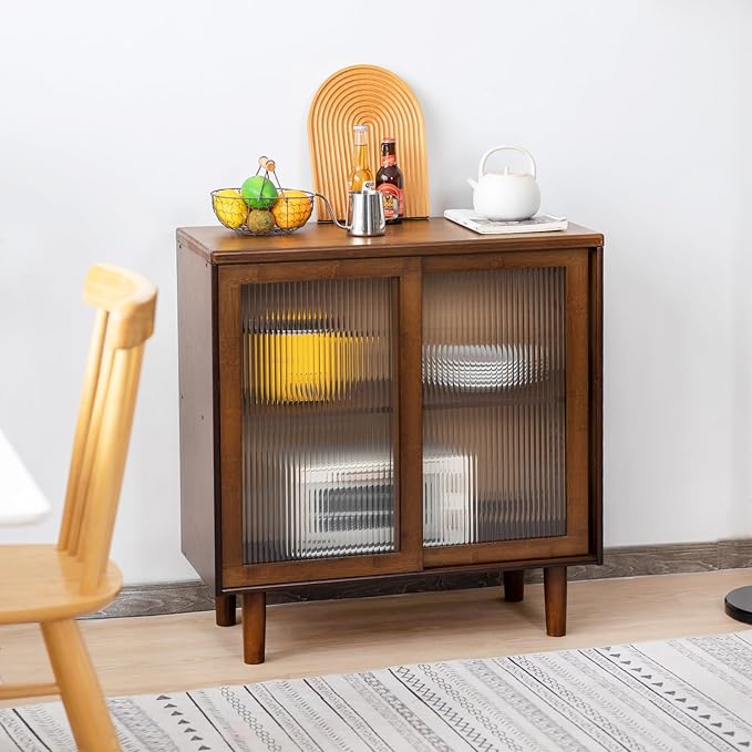Tiita Bamboo Sideboard Buffet Cabinet, Rattan Kitchen Storage Cabinet, Boho Coffee Bar Tables for Kitchen Living Room Hallway Office, Walnut