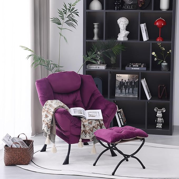 Lazy Chair with Folding Ottoman, Modern Accent Lounge Armchair with Armrests, a Side Pocket & Foldable Footstool, Leisure Reading Chair for Living Room, Bedroom, Dorm & Office, Velvet Purple
