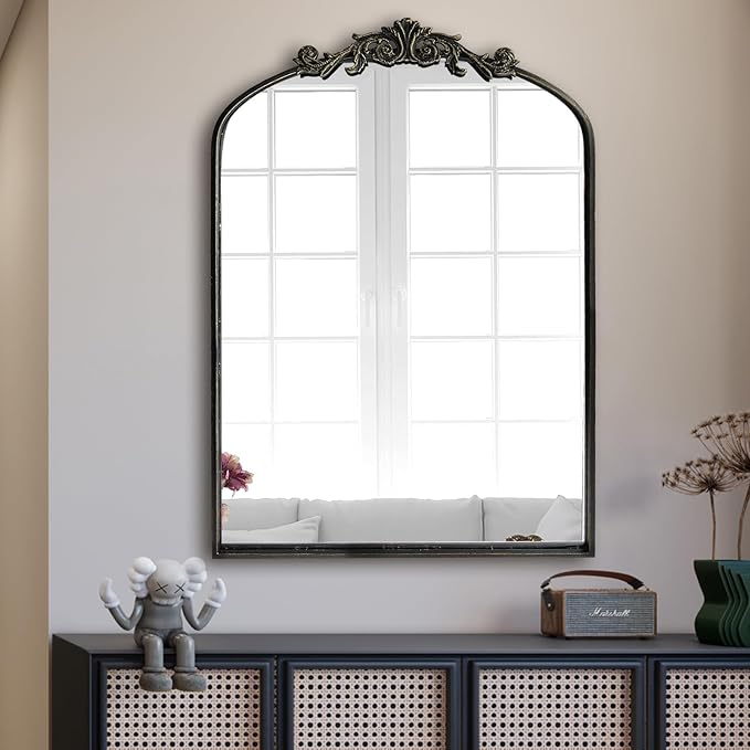 WAMIRRO Ornate Black Mirror,Vintage Arched Baroque Antique Mirorrs for Living Room Hallway Fireplace Bathroom Entryway 24"X36"
