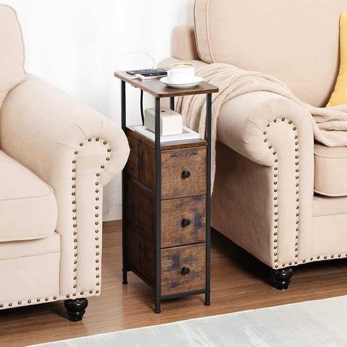 Narrow End Table Living Room with Charging Station, Skinny Side Table with Fabric Drawers, Slim Nightstand for Bedroom, Small Spaces, Couch, Rustic Brown, HETNDP03PBR-1