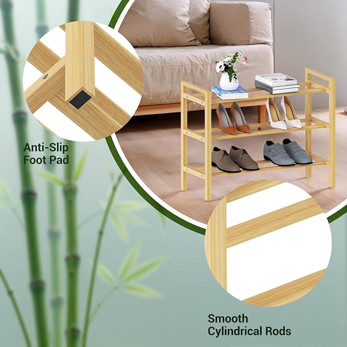 Haddockway Bamboo Shoe Rack for Closet, Free Standing Shoe Organizer with Smooth Round Rods & Convenient Handles, Stackable Shoe Storage Shelf for Entryway, Hallway(Natural, 3-Tier(Small))