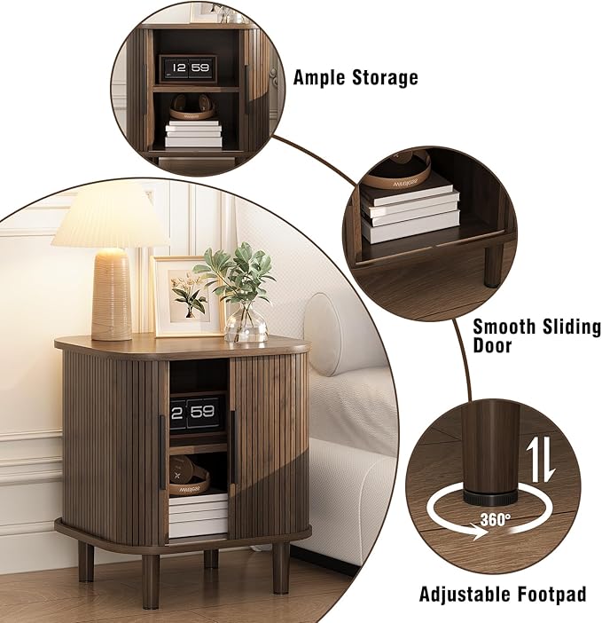 Fluted End Table with Sliding Tambour Door, Mid-Century Modern Bedside Table with Storage, Small Nightstand for Bedroom Living Room Side Table