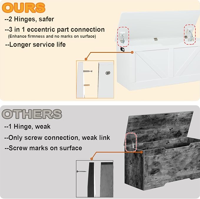 39.4" Storage Chest, Wooden Storage Bench, Large Storage Trunk with 2 Safety Hinges, Entryway Shoes Bench for Living Room, Bedroom, White