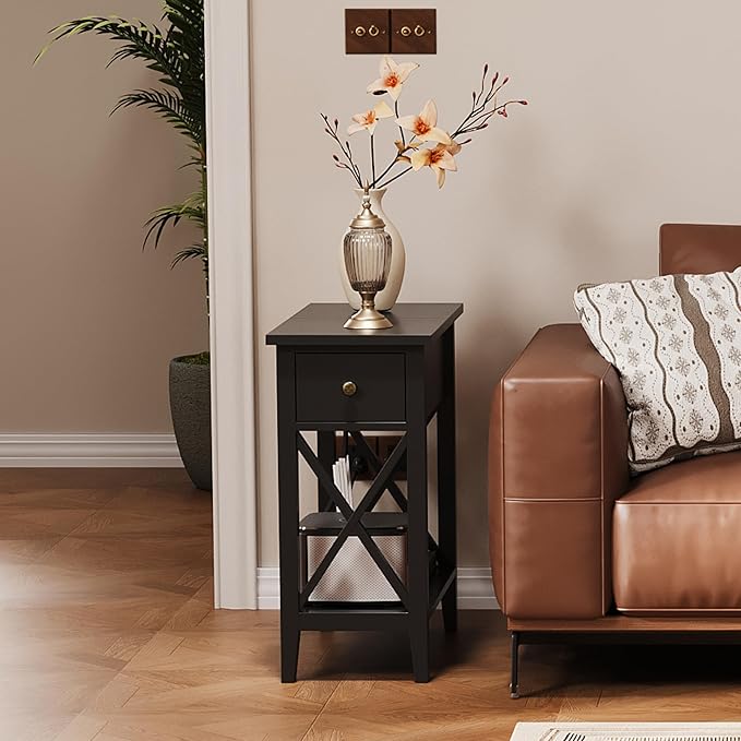 ChooChoo End Table Set of 2 with Charging Station, Narrow End Table with USB Ports and Outlets, Small Side Table Nightstand with Drawer for Living Room, Bedroom, Black