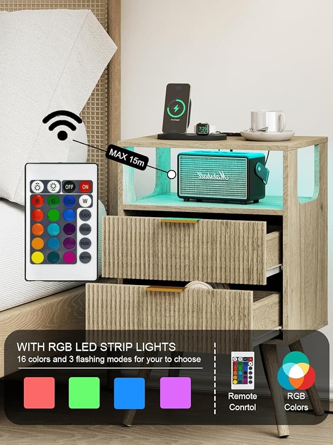 Nightstand, Modern Bedside Table with 2 Storage Drawer and Open Wood Shelf for Bedroom and Small Spaces, Night Stand with Solid Wood Legs (Grey Oak-Outlet)