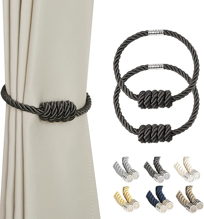 BEL AVENIR Magnetic Curtain Tiebacks, Decorative Drapery Holdbacks Modern Woven Tie-Backs with Exquisite Knot (Charcoal, 2 Pack)