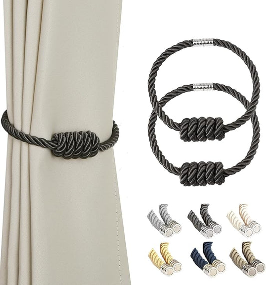 BEL AVENIR Magnetic Curtain Tiebacks, Decorative Drapery Holdbacks Modern Woven Tie-Backs with Exquisite Knot (Charcoal, 2 Pack)
