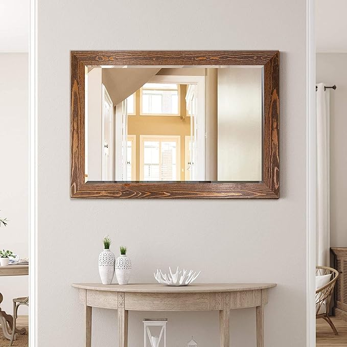 Maple Rustic Mirror Rectangular Barnwood Framed Wall Mirror for Home Decor, Vertical or Horizontal Hanging, 41x29
