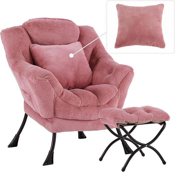 Lazy Chair with Ottoman, Comfy Reading Lounge Chair with Footstool & Throw Pillow Modern with Armrests & Side Pocket for Living Room, Bedroom, Dorm Room, Plush Dark Pink