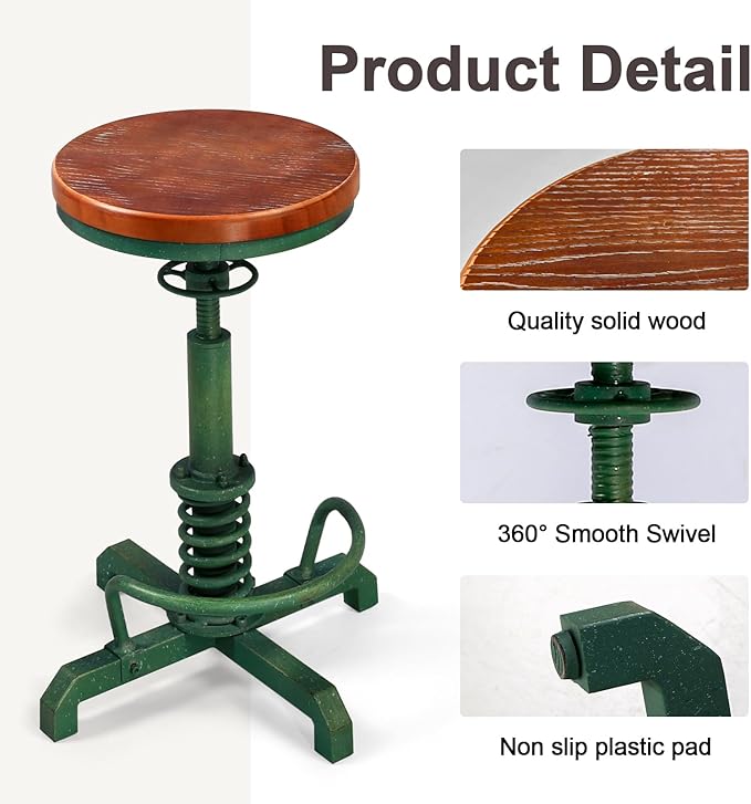 LOKKHAN American Antique Steampunk Bar Stool 24.41"-28.35" Vintage Industrial Adjustable Swivel Backless Counter Stool for Dining, Breakfast, Pub, (Heavy Duty Metal & Wood, Aged Green, Brown Top)