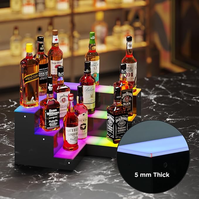Dethan 3 Tier 20 Inch LED Lighted Liquor Bottle Display Shelf - Corner Wine Racks with Multi-Color App & Remote Control, Adjustable Brightness & Sound Modes, Acrylic Bar Shelves for Commercial Clubs