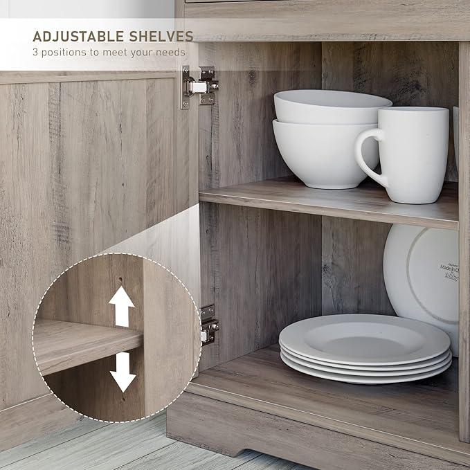 Keyluv Buffet Storage Cabinet, Sideboard Farmhouse Server Bar Wine Cabinet with 3 Drawers & 3 Doors Adjustable Shelves Console Table for Kitchen, Dining Living Room Cupboard, Grey Wash