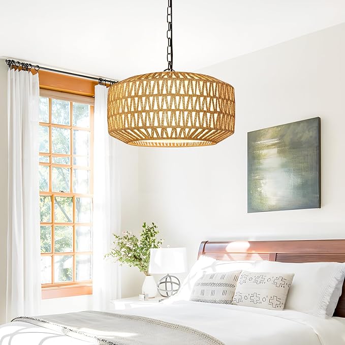 Farmhouse Chandelier Light Fixture, 5-Light Rattan Boho Chandeliers for Dining Room, Hand Woven Pendant Light with Linen Shade, Rustic Hanging Lighting for Kitchen Island, Bedroom (Bulb Not Included)