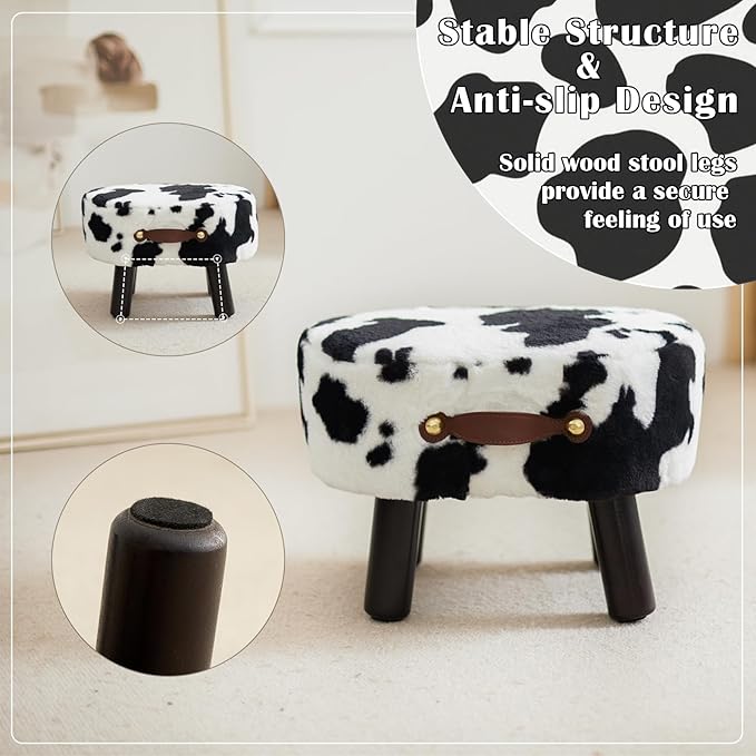 Small Footstool with Handle, Faux Fur Ottoman Foot Rest with Padded Seat, Curved Foot Stool with Wooden Legs, Portable Foot Rest for Living Room, Bedroom, Entryway, Cow