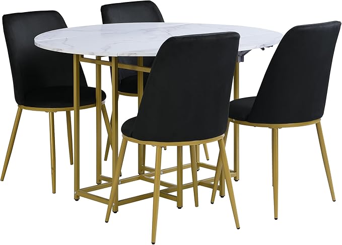 Ball & Cast Space-Saving 5-Piece Extendable Kitchen Dining Table Set w/ 4 Upholstered Chairs,Round Faux Marble Top with Golden Frame,Compact Foldable Design,for Small Spaces,White+Black