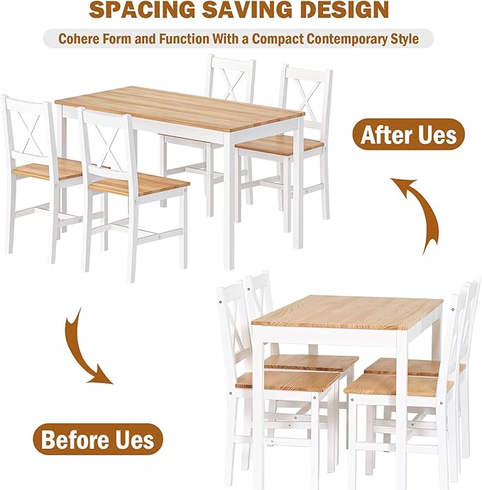 soges Dining Table Set for 4, 42.5 inch Pine Wood Dining Room Table with 4 Chairs, 5-Piece Kitchen Table Chairs Set for Small Space, Apartment, Dinette, Breakfast, White & Oak
