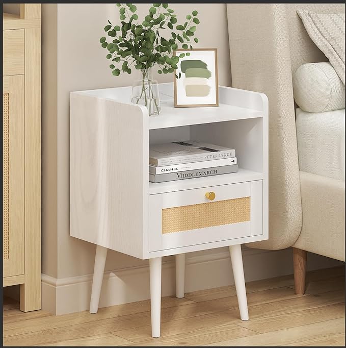Nightstand Rattan with Charging Station, Mid Century Modern Bed Side Table, Boho End Table with Wood Legs, Bedside Tables for Bedroom Living Room (2, White, 11.8" D x 15.9" W x 23.4" H (1 Drawers))