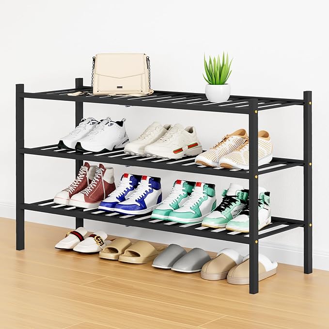 Smiry Shoe Rack, 3 Tier Long Bamboo Shoe Organizer, Stackable Free Standing Wooden Shoe Storage Shelf for Closet, Entryway, Front Door Entrance, Black