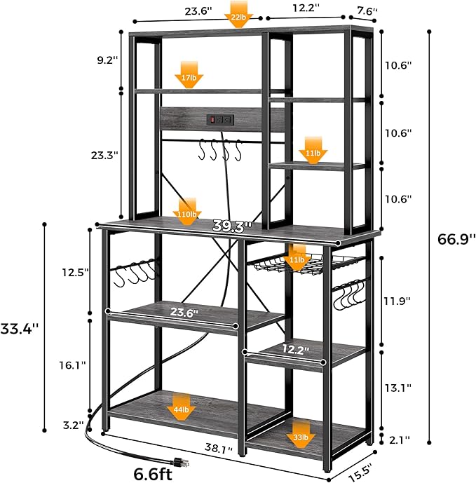 SUPERJARE Large Bakers Rack with Power Outlets, 6-Tier Microwave Stand, Coffee Bar with 12 S-Shaped Hooks, Kitchen Shelf with Wire Basket, 39.3 x 15.5 x 66.9 Inches, Charcoal Gray