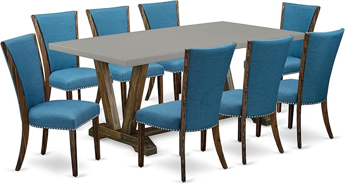 East West Furniture V797VE721-9 9 Piece Dining Table Set Includes a Rectangle Dining Room Table with V-Legs and 8 Blue Color Linen Fabric Parsons Chairs, 40x72 Inch, Multi-Color