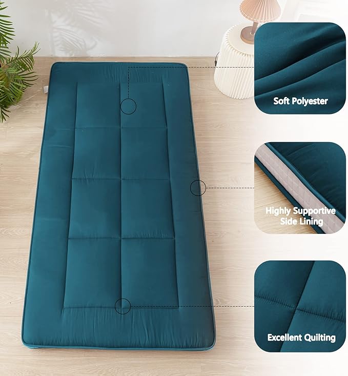 MAXYOYO Futon Mattress, Padded Japanese Floor Mattress Quilted Bed Mattress Topper, Extra Thick Folding Sleeping Pad Breathable Floor Lounger Guest Bed for Camping Couch, Bluestone, Twin Size