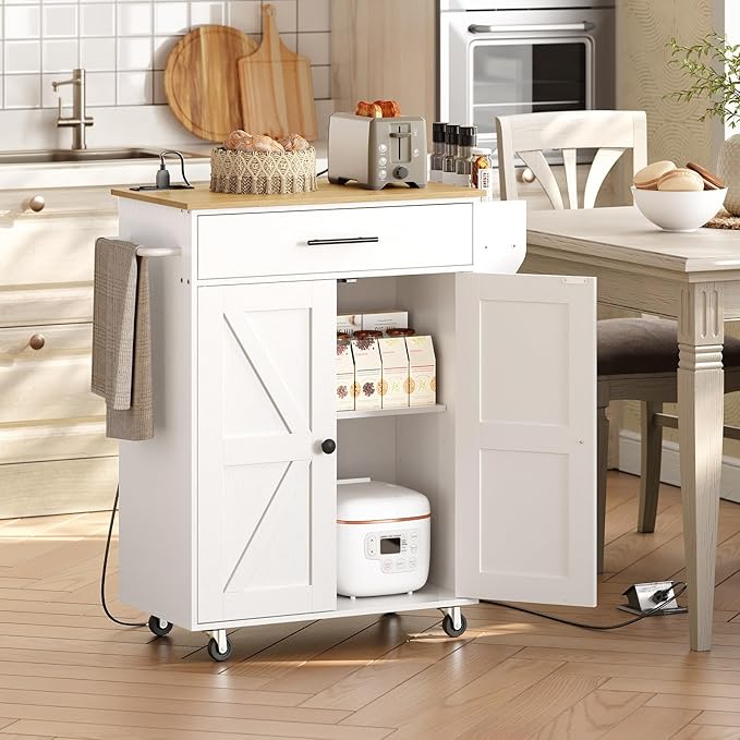 HOOBRO Kitchen Island with Power Outlet, Kitchen Storage Island with Large Worktop, Spice Rack and Drawer, Rolling Island on Wheels, for Dining Room, White and Natural