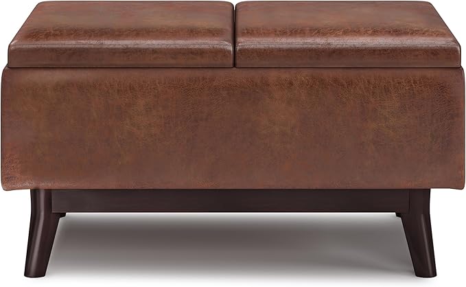 SIMPLIHOME Owen 34 inch Wide Mid Century Modern Rectangle Tray Top Small Coffee Table Storage Ottoman in Distressed Saddle Brown Vegan Faux Leather, Assembled, For the Living Room and Entryway