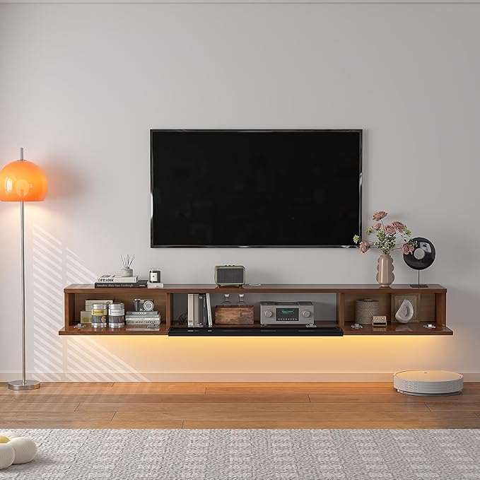 High Gloss Floating TV Stand,78'' Wall Mounted TV Console,Under TV Floating Shelf,Floating TV Cabinet with 3 Doors for Bedroom Living Room(Walnut)