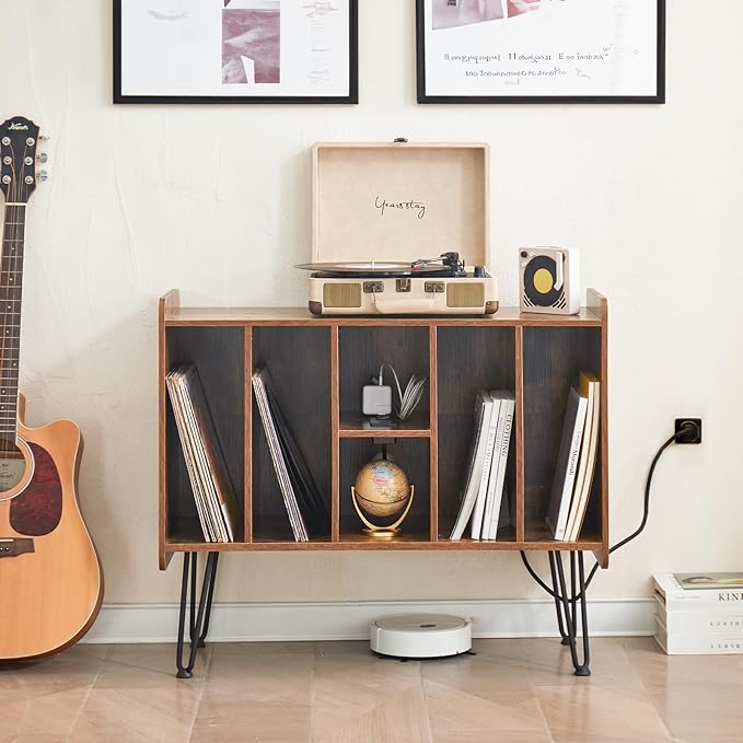 Large Brown Record Player Stand with Vinyl Storage, Power and USB Port, Holds Up to 200 Albums, Turntable Stand with Record Storage Cabinet