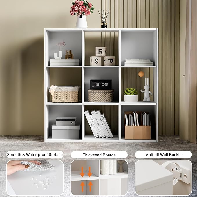 Sweetcrispy 9 Cube Storage Organizer - Open Cube Bookshelf with 5 Removable Back Panels, Display Storage Bookcase for Living Room, Bedroom, Entrance Hall, Home Office，36" L×11.6" W×36" H, White