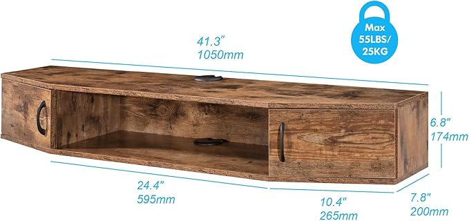 FITUEYES Floating TV Stand Wall Mounted TV Shelf Entertainment Center, Media Console with Cabinet Modern Component for Storage Hutch Under TV for Living Room Office,Rustic Brown
