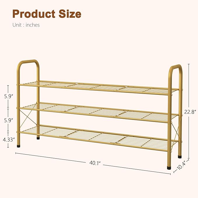 Hoctieon 3 Tier Mesh Style Shoe Rack, Entryway Shoe Shelf, Shoe Storage Organizer, Shoe Rack for Closet, Space Save for Bathroom, Garage, Hallway, Bedroom, Living Room, Gold