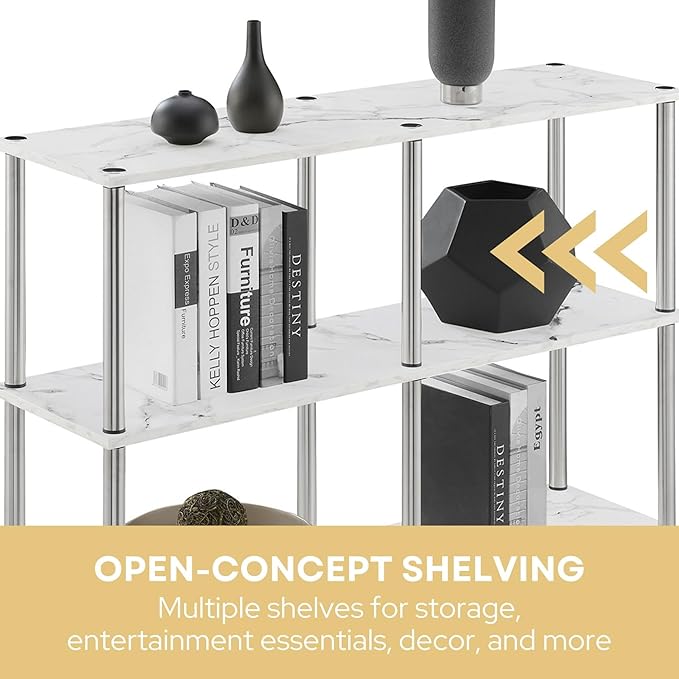 Convenience Concepts Designs2Go No Tools 3 Tier Wide Console Table 42" - Modern Accent with Shelves for TV Media Center, Office Desk Extension, Entryway Display, & Home Storage, White Faux Marble