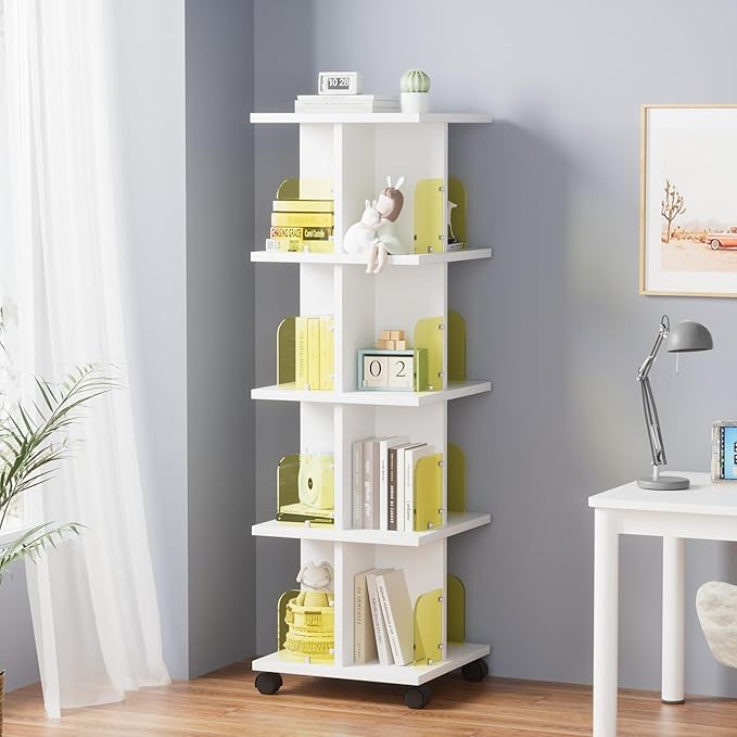 VECELO Rotating Bookshelf with Brake Wheels, 360°Display 4 Tier Floor Stackable Spinning-Bookshelf Tower for Kids&Adults, Revolving Bookcase for Small Space,Corner(White)