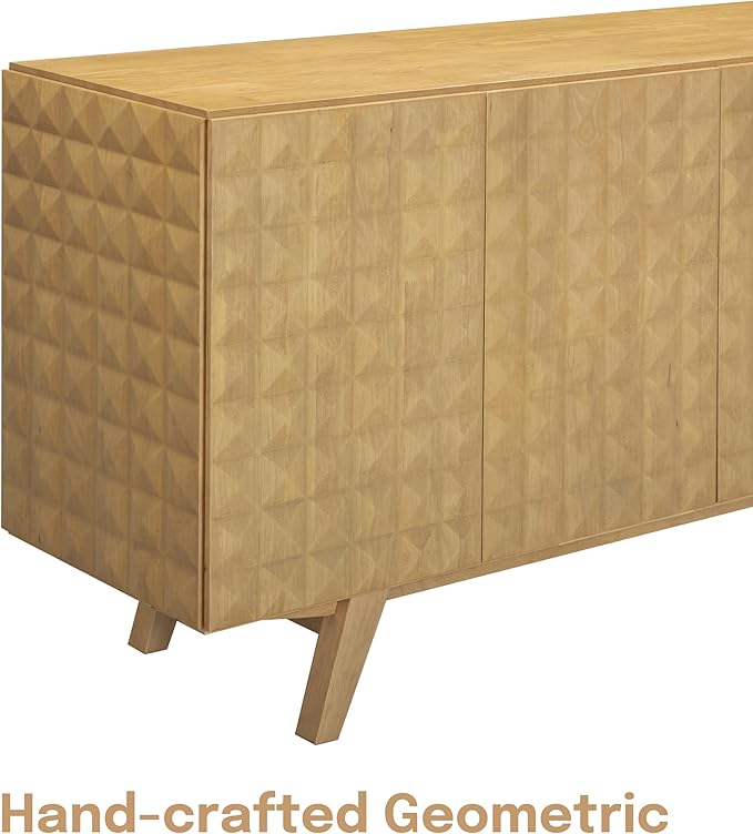 NTC Sapa Mid-Century Modern Solid Wood Sideboard – 4-Door Accent Buffet Cabinet with Carved Geometric Fronts, for Living Room, Dining Room, or Entryway, Effortless Assembly, Sand