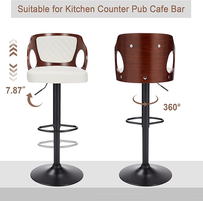 VECELO Bar Stool Set of 4, Kitchen Island Stools with Bentwood Back,Arm&Footrest,Island Chairs Adjustable Height PU Leather Cushion Seat,360°Swivel Stools for Kitchen Counter,Club Pub,Pearl White