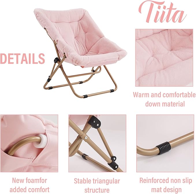 Tiita Comfy Folded Chair, Soft Faux Fur Oversized Folding Accent Chair, Lounge Lazy Chair for Kids Teens Adults, Metal Frame Moon Chair for Bedroom, Living Room, Dorm Rooms, X-Large Pink