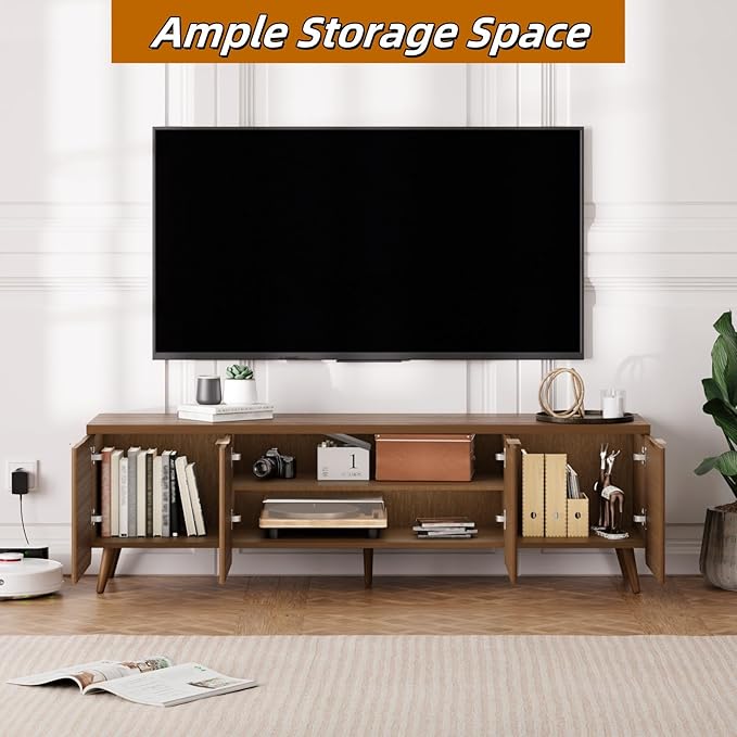 TV Stand for Living Room, Fluted Television Cabinet with 4 Stripe Doors, Modern Entertainment Center for 55/60/65 inch TV, Media Console with Wooden Legs & Metal Handles, Walnut