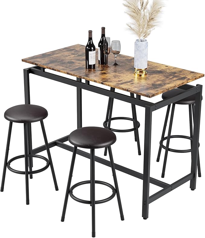 5-Piece Bar Table and Chairs Set, 47.2'' Pub Table Set with 4 Stools, Counter Height Table and Chairs Set of 4 for Breakfast Nook Living Room Small Space Restaurant, Black+Brown