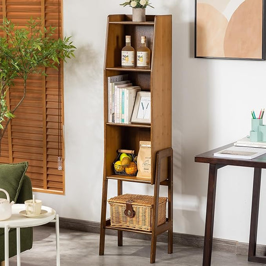 4-Tier Bamboo Bookshelf - Wood Bookcase Organizer with Open Shelves for Living Room & Home Office-Walnut Large