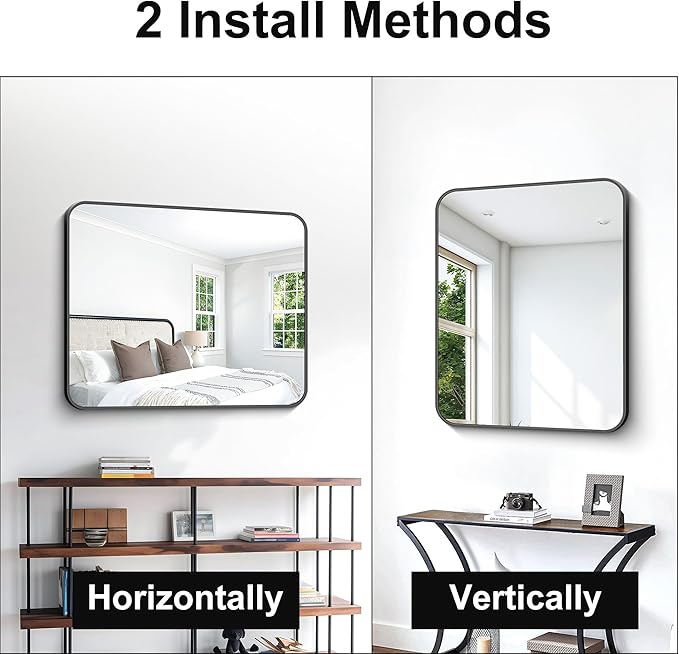BONEWEI 30x36 inch Bathroom Mirror,Black Rectangle Mirror,Wall Mounted Bathroom Frame Vanity Mirror with Round Corner for Bedroom Living Room, Entryway Hangs Horizontal or Vertical