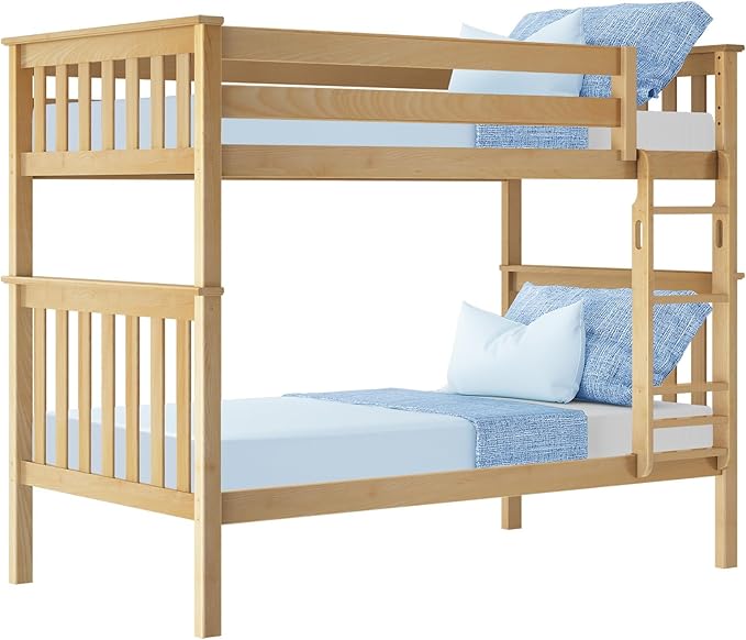Max & Lily Bunk Bed Twin over Twin, Solid Wood Bunk Bed Frame with Ladder for Kids, 14" Safety Guardrails, Easy Assembly, No Box Spring Needed, Natural