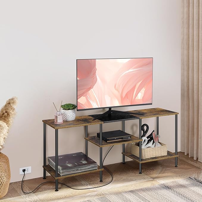 BTY Rustic TV Stand with Storage, 50 inch TV Console Table with Charging Station 3 Tier Small Entertainment Center for Bedroom, Living Room, Brown