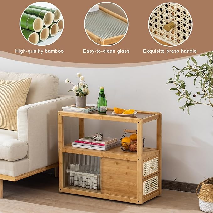 Bamboo & Rattan Side Table with Glass Top – 2-in-1 End Table and Bedside Cabinet with Drawer Storage for Small Spaces, Bedroom, Living Room, Nature